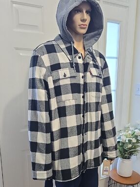 LEVI'S MENS BIG & TALL BLACK & WHITE CHECKERED HOODED FLANNEL JACKET SIZE XXL